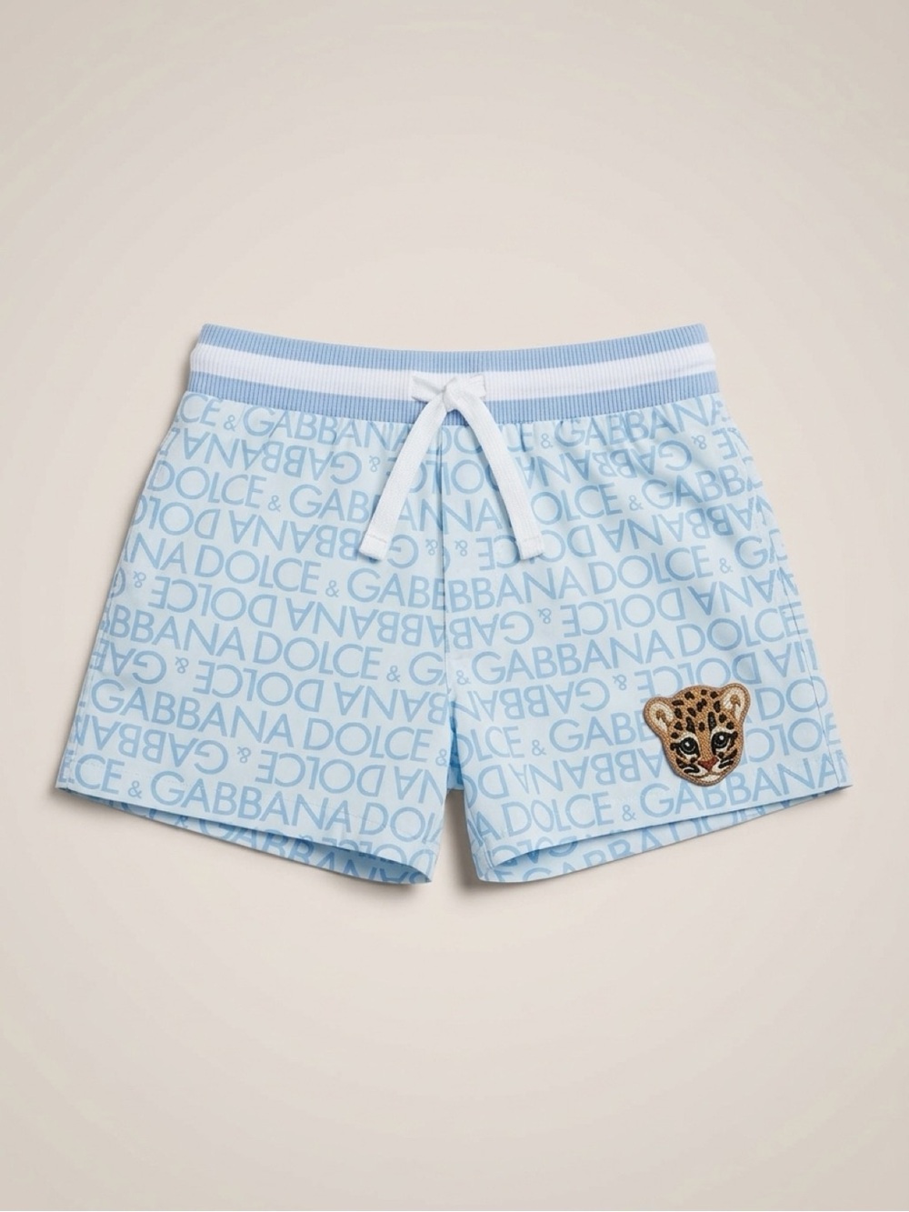 Dolce & Gabbana Light Blue Logo-Print Athletic Kids Shorts with Leopard Patch